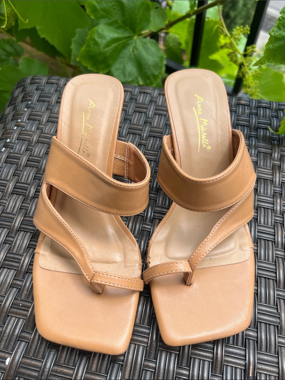 Anne Michelle Camel Tan Square-Toe Heeled Mules